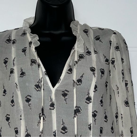Rebecca Taylor Boho 100% Silk Chiffon Ruffle Ivory Black Floral Peasant Top S - Picture 6 of 16